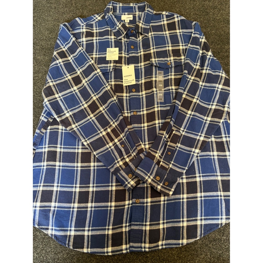 Sonoma Goods For Life Mens Supersoft Flannel Shirt Blue Plaid Big 2XB NWT